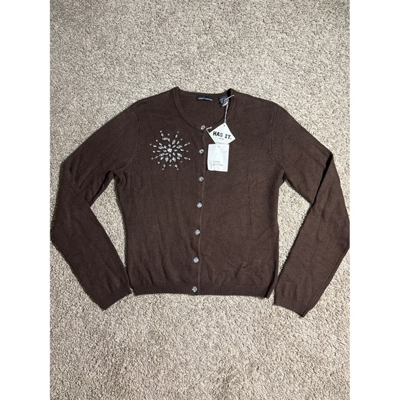 Moda International Sweaters - Moda International Silk Cashmere Blend Brown Rhinestone Cardigan Sweater Small